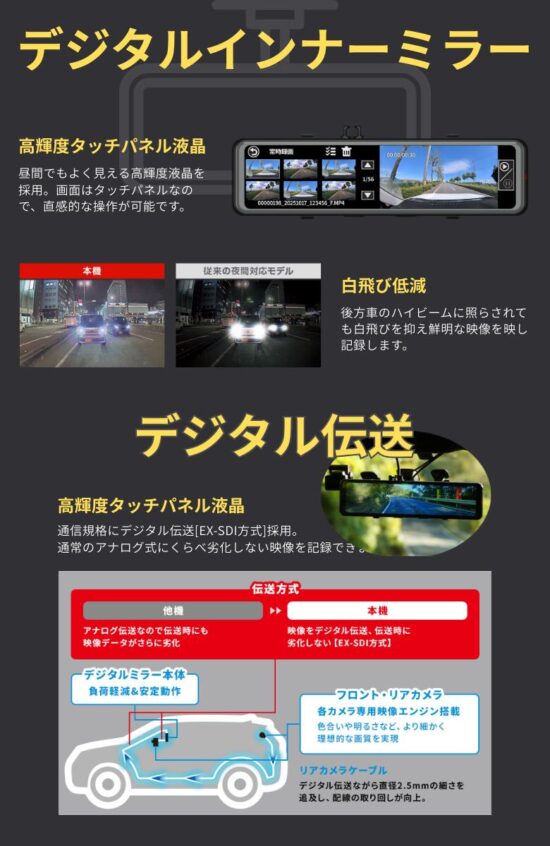 ユピテル デジタルインナーミラー+前後2カメラドライブレコーダー NV-8000M (4)